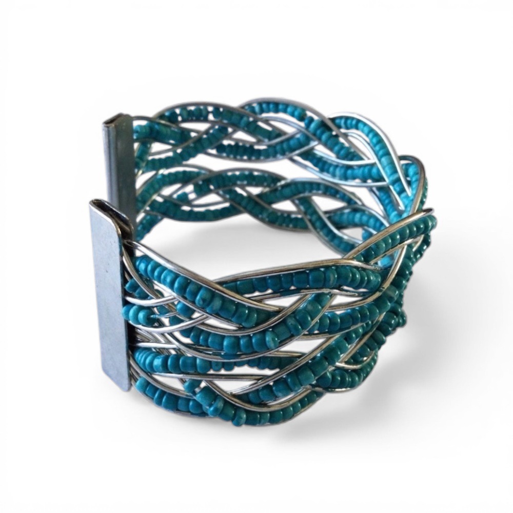 Braided Seed Bead Cuff Bracelet- Teal & Silver - Picture 5 of 12